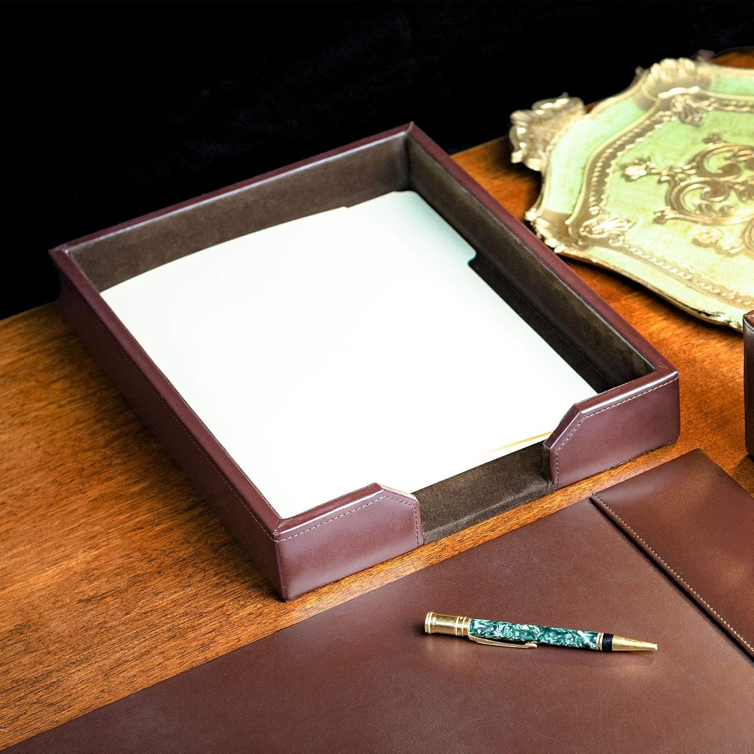 Dacasso Bonded Leather Desktop Tray Luxury Letter Holder & Paper Organizer for Desk, Dark Brown