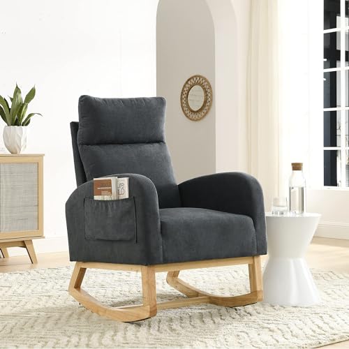 Modern Accent High Backrest Glider Chair Comfy Chair Nursery Living Room Lounge Arm Rocking Chair with Solid Wood Legs, with 2 Side Pockets, Rocker Armchair for Living Room Bedroom (Pink Teddy)
