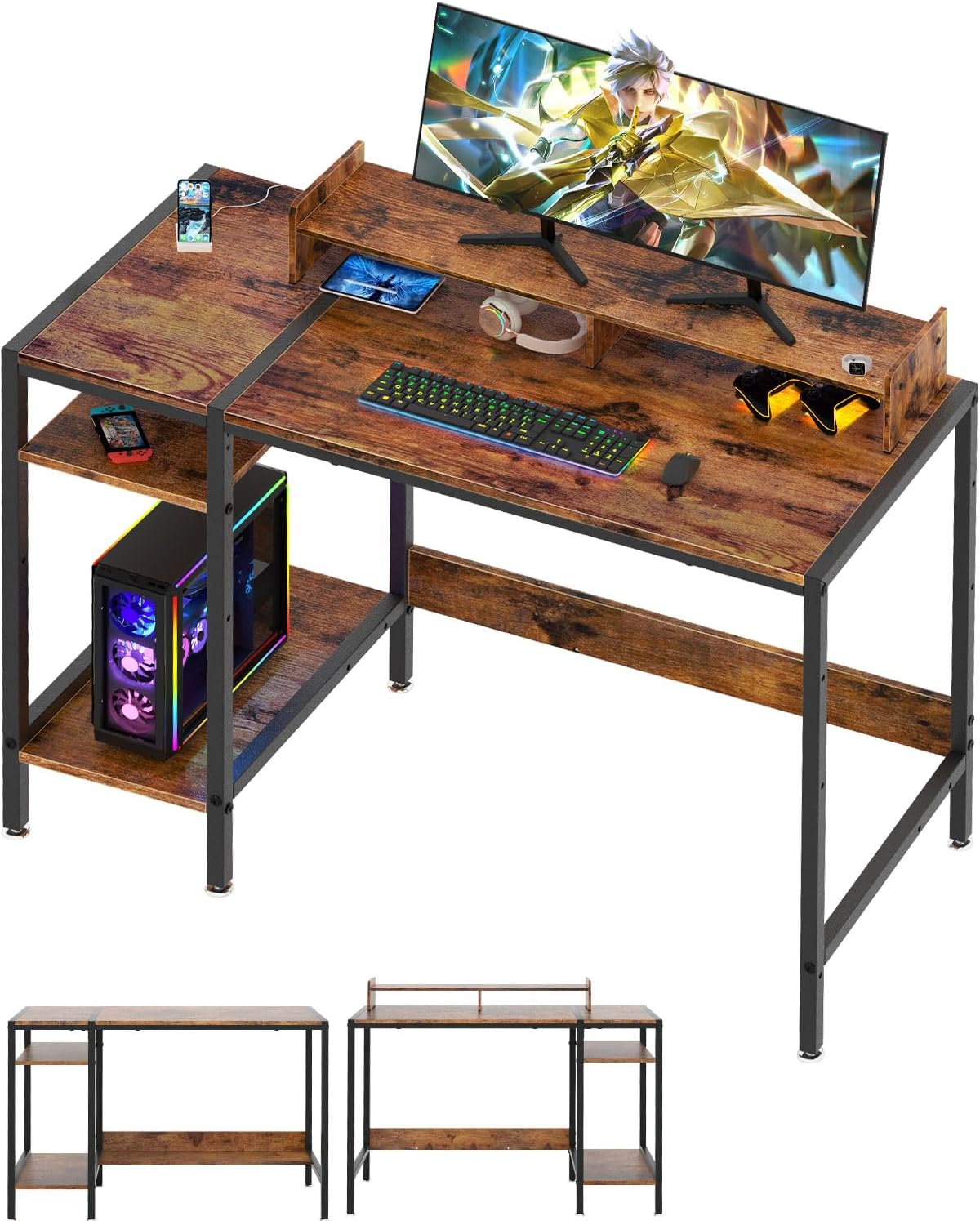 Computer Desk - 39 Inch Gaming Desk, Home Office Desk with Storage, Small Desk with Monitor Stand, Country Style Writing Desk for 2 Monitors, Adjustable Storage, Modern Design Corner Desk