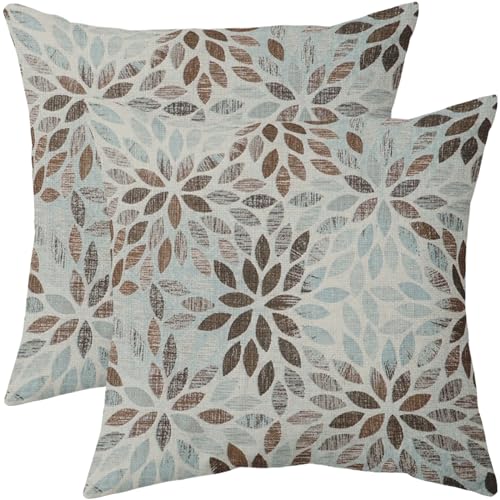 Teal Flower Pillow Covers 18x18 Set of 2 Summer Dahlia Floral Modern Geometric Floral Cream Outdoor Decorative Throw Pillows Farmhouse Pillowcases Linen Cushion Case Decor for Home Sofa Couch Bed
