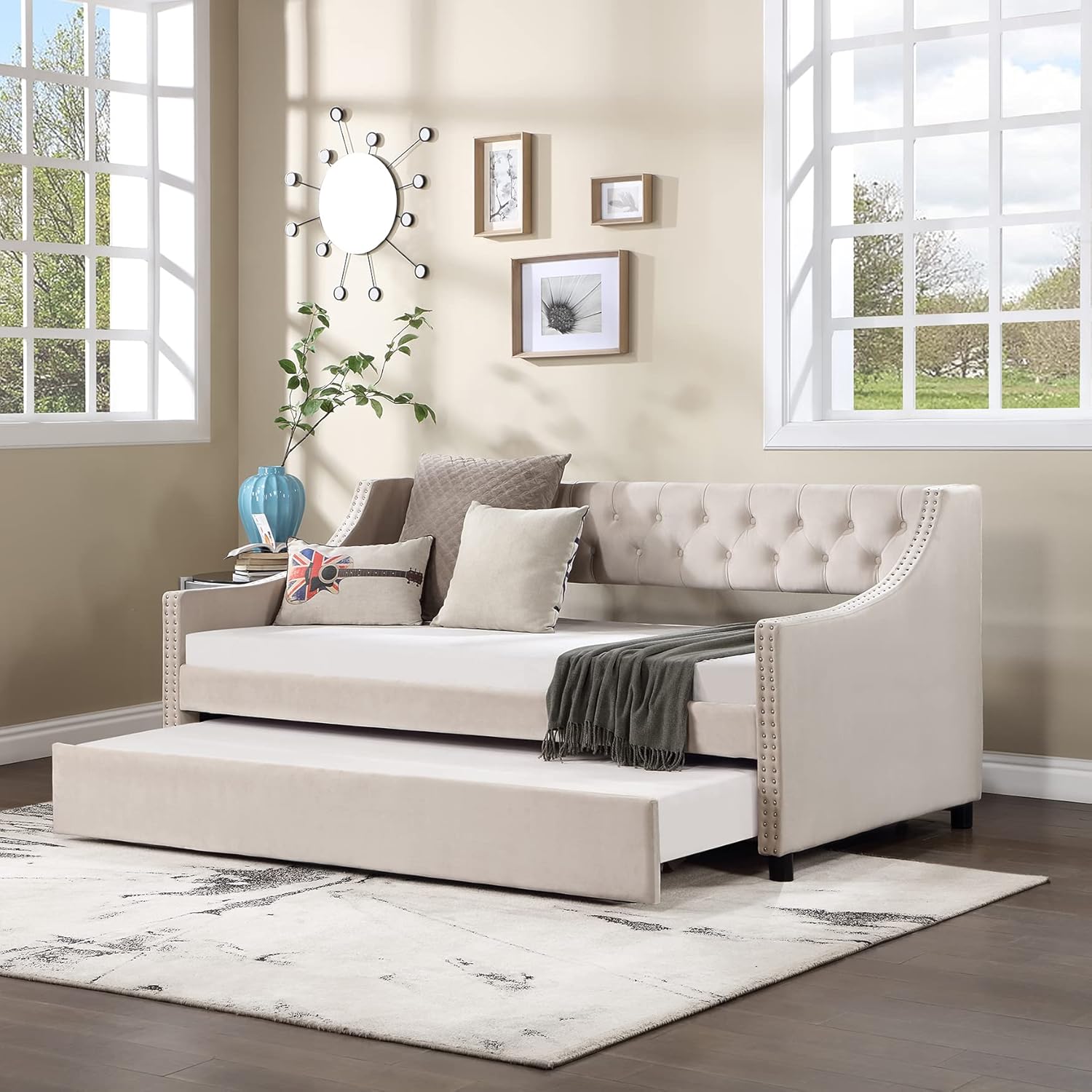 Bellemave Twin Upholstered Daybed with Trundle Tufted Button Mid-Century Day Bed Frame Wing-Back Sofa Bed with Wood Slats for Living Room Bedroom, Both Twin Size, Beige, Beige Velvet