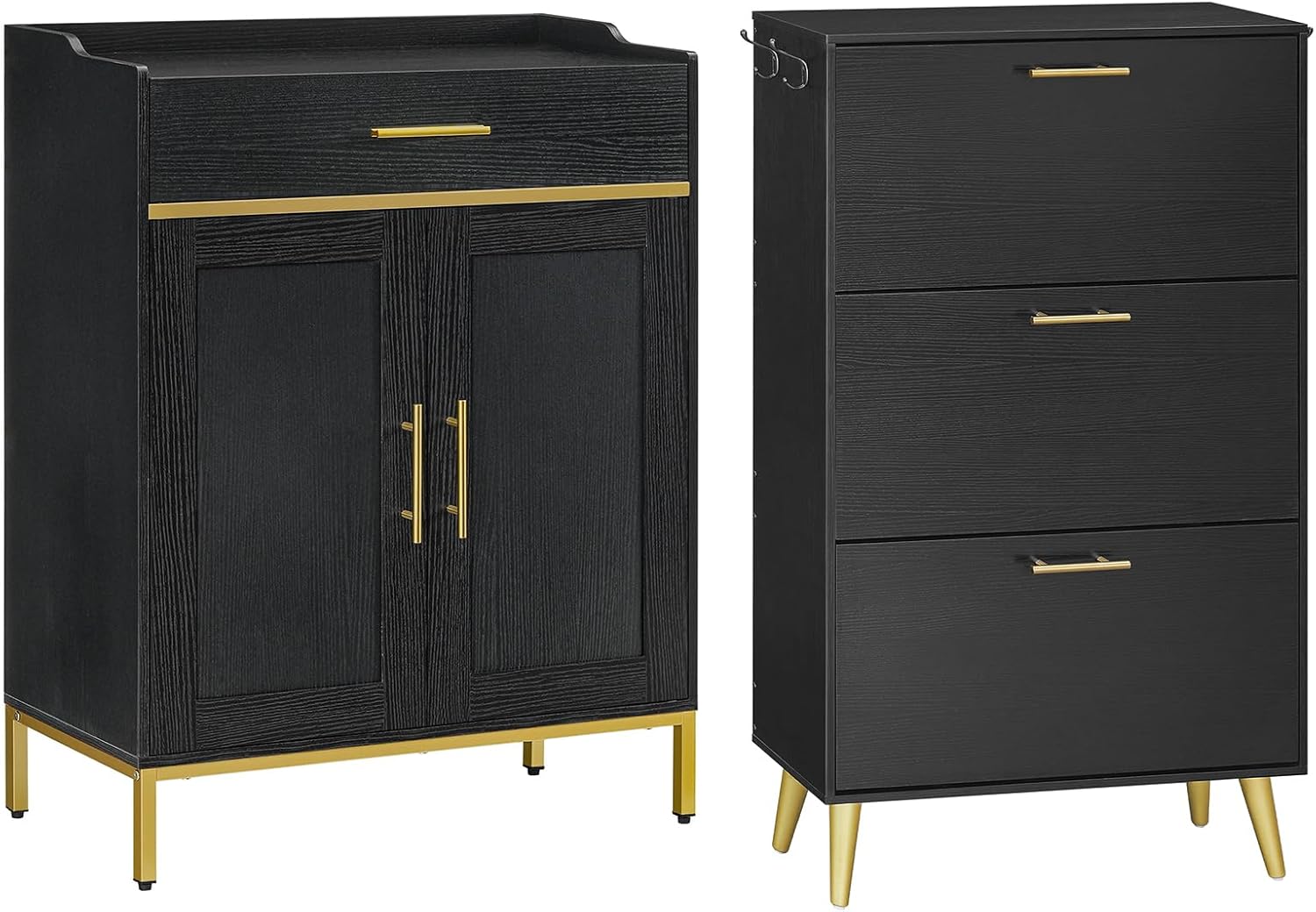 HOOBRO Shoe Storage Cabinet for Entryway, Freestanding Shoe Organizer with Doors, Hidden Shoe Cabinet with 3 Flip Drawers and Hooks, for Hallway, Living Room, Black DB14SC01-BK03SC01G1