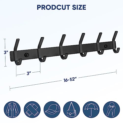 TICONN Wall Mounted Coat Rack - 6 Heavy Duty Dual Hooks All Metal Contemporary Coat Hanger for Jacket Coat Hat for Mudroom Entryway Bathroom (Black, 1PK)