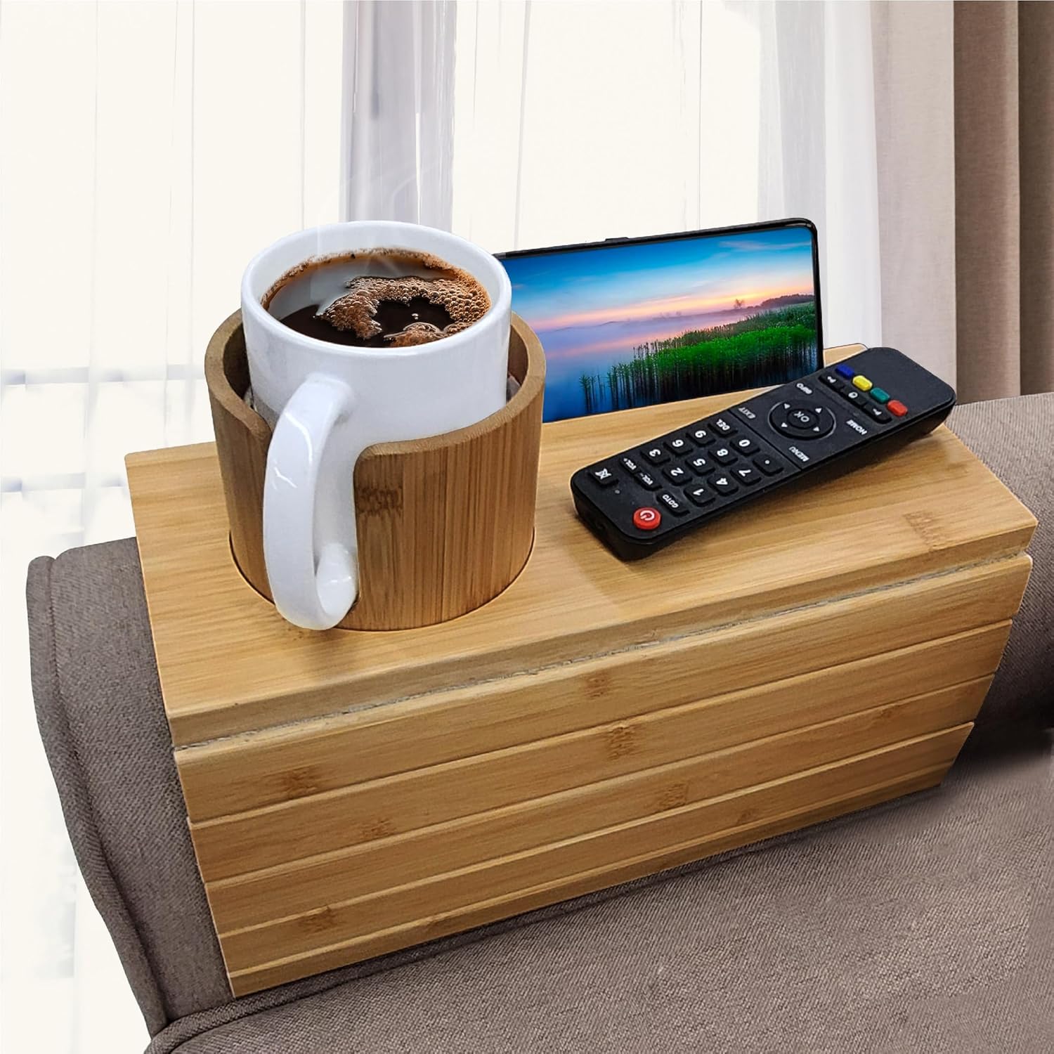 Couch Cup Holder Tray - Bamboo Cup Holder Tray with 360° Rotating Drink Holder - Anti-Slip Sofa Armrest Tray Perfect for Mugs, Remote, Cellphone & Snacks - Multifunctional Sofa Arm Tray