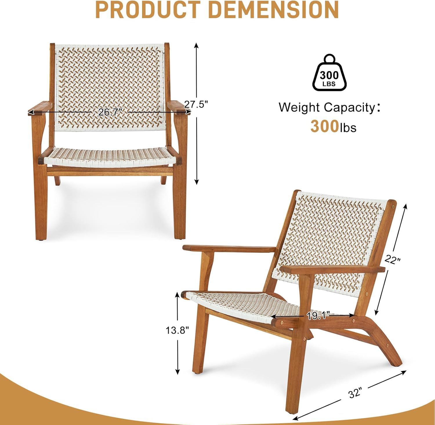 Outvita Natural Stain Outdoor Chair, Mid Century Modern Accent Armchair, Reading Lounge Chair with Ecru Handwoven Rope and Solid Acacia Wood Frame for Bedroom Patio Balcony Indoor