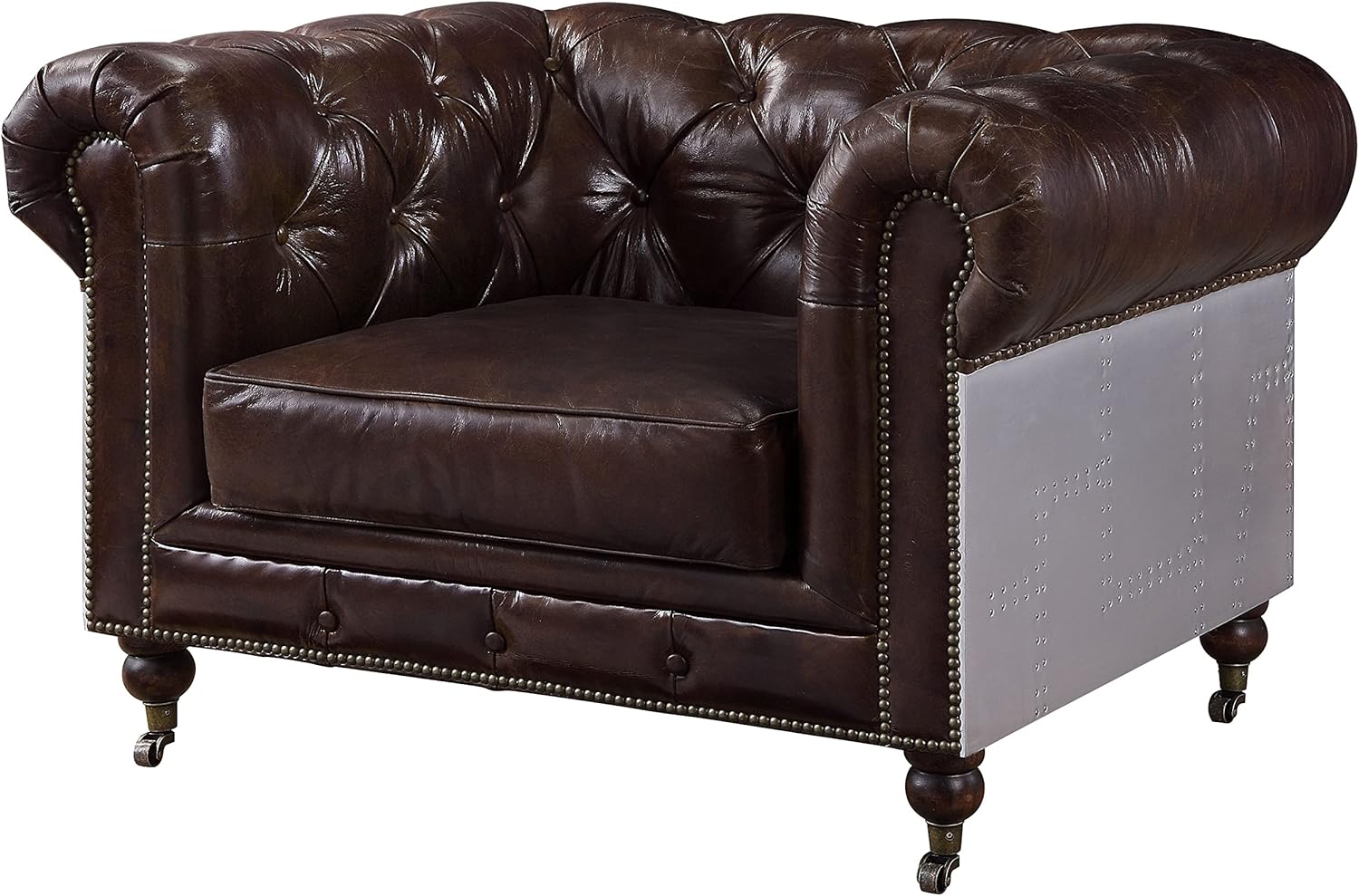 Acme Aberdeen Button Tufted Top Grain Leather Chair in Vintage Brown