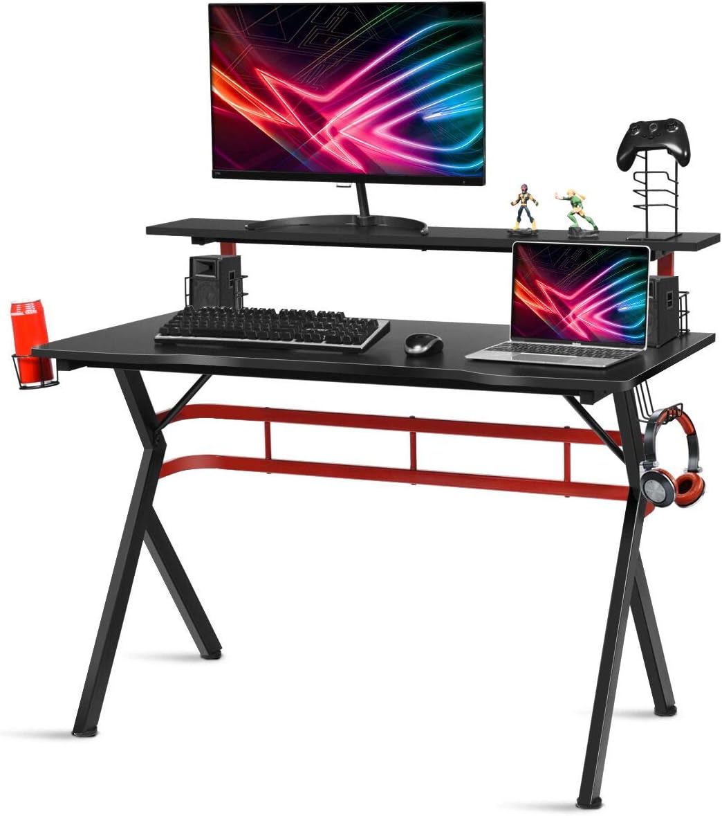 POWERSTONE Gaming Desk - Ergonomic Gaming Computer Desk with Gaming Handle Rack, Cup & Speaker Holder, Monitor Shelf, Headphone Hook, Curved Front Desktop Writing Workstation for Home Office 47.5”