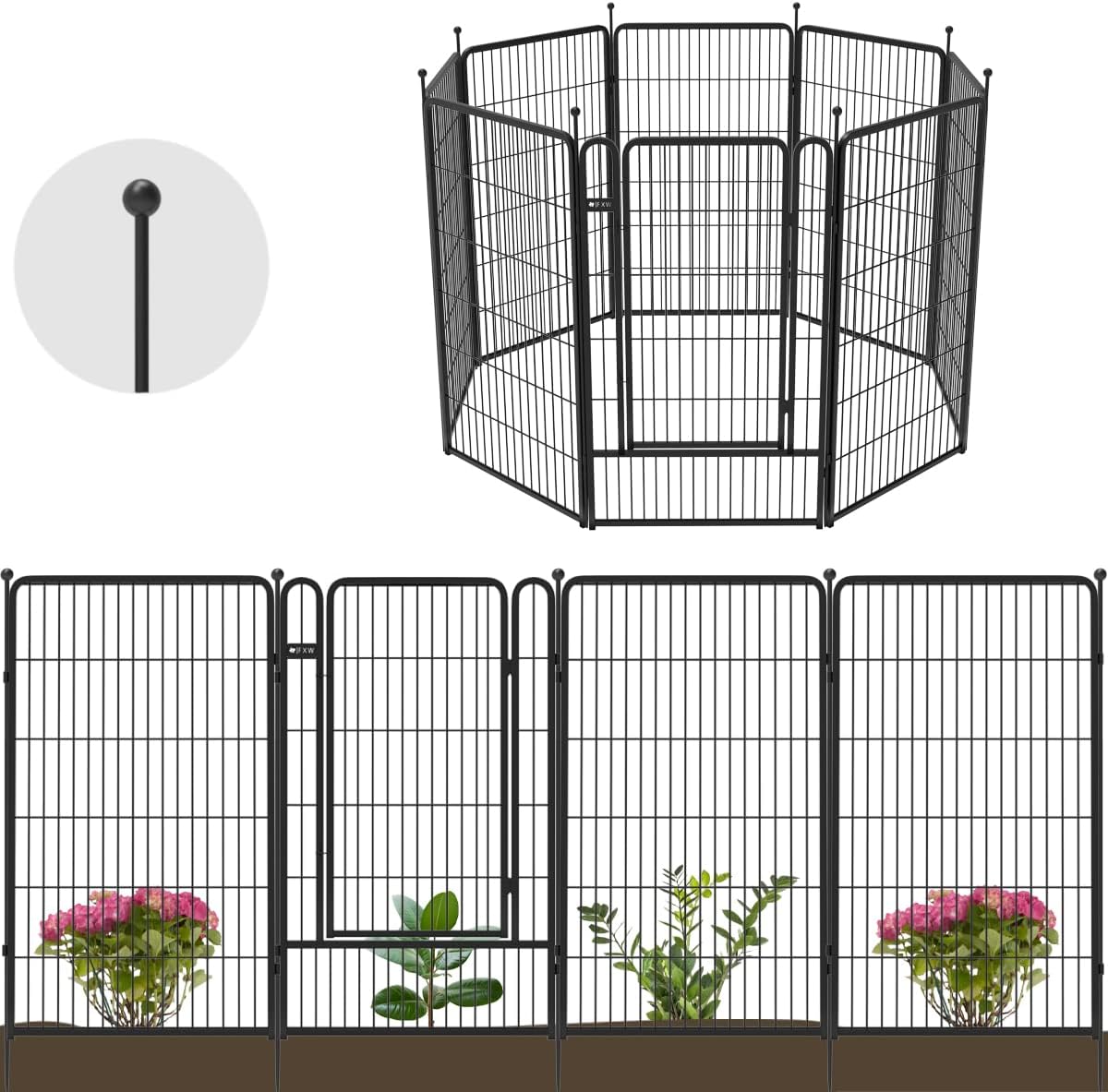 FXW Decorative Garden Metal Fence Temporary Animal Barrier for Yard, 7 Panels+1 Gate, 20'(L)×50