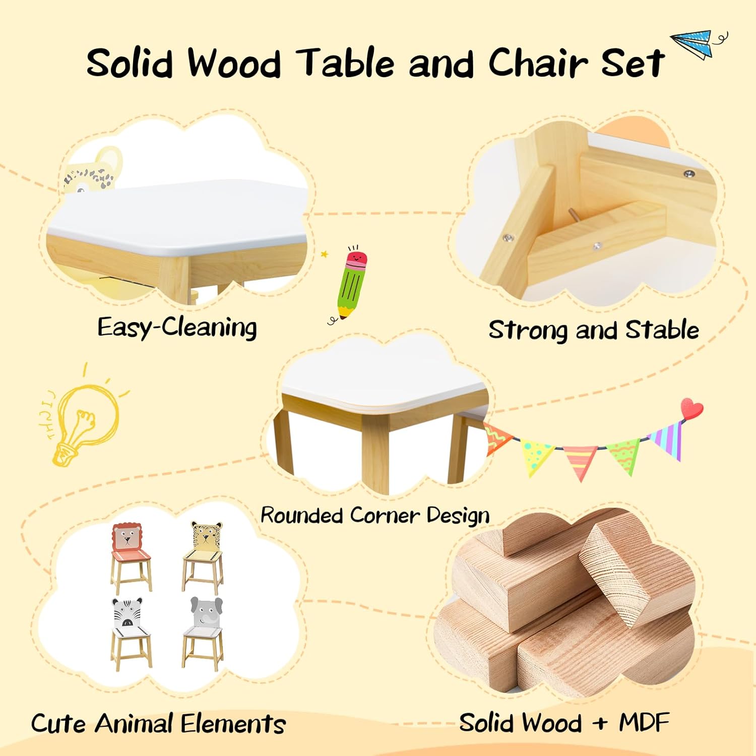 Wooden Children's Table and Four Chairs, Toddle Tables and Chairs Suitable for Children Aged 2-10