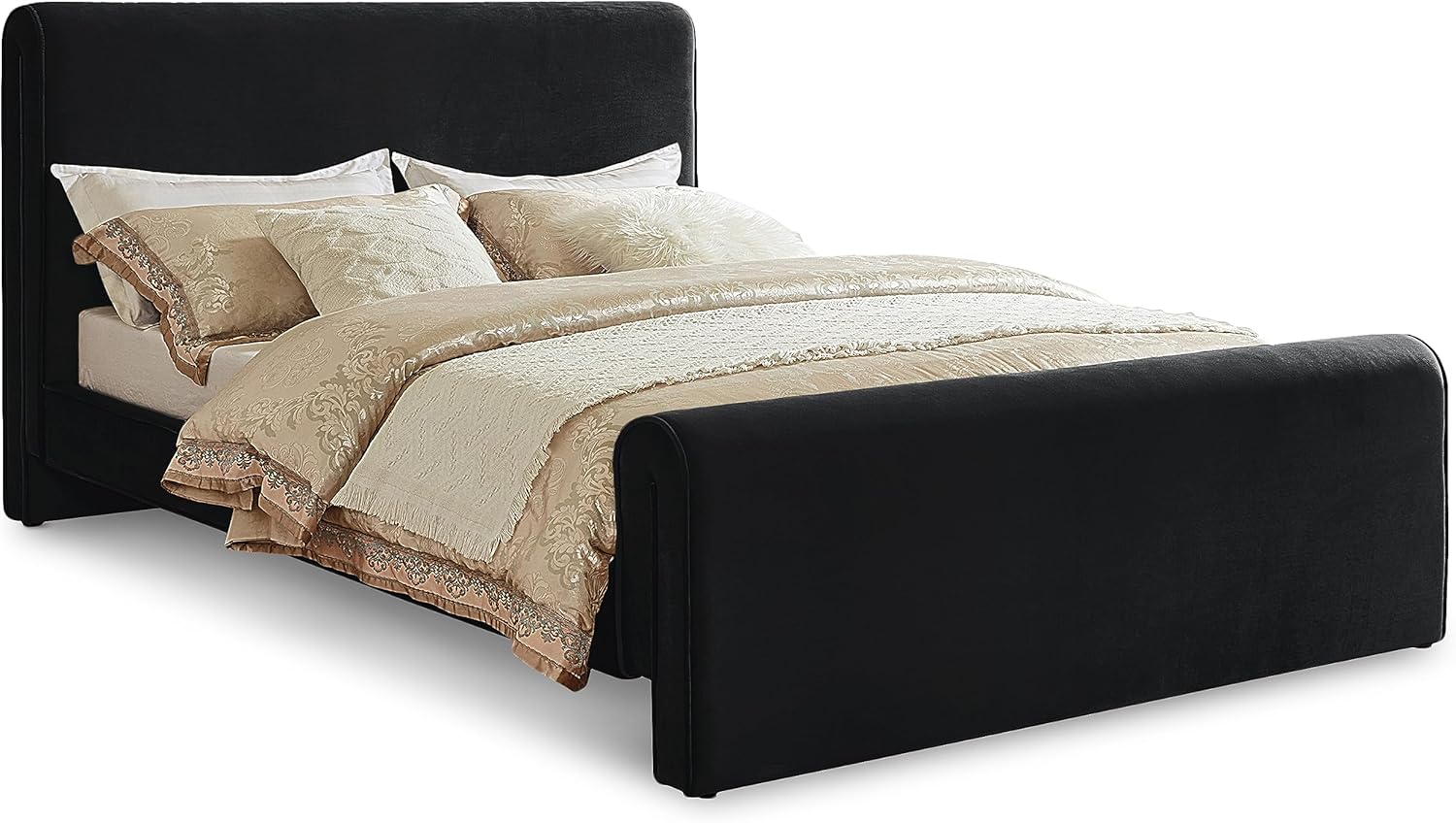 Meridian Furniture SloanBlack-F Sloan Collection Modern | Contemporary Velvet Upholstered Full Bed with Rich Soft Black Velvet, Curved Headboard and Footboard, 59.5