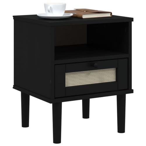 vidaXL SENJA Rattan Look Bedside Cabinet - Black Solid Pine Wood with UV Varnish Finish - Modern Styled Bedroom Furniture