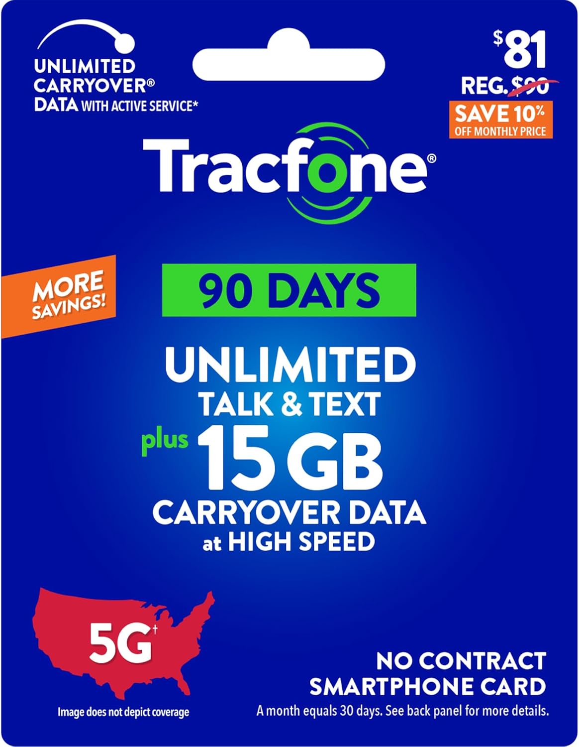 Tracfone $81 Unlimited Talk & Text Plus 15 GB of Data 90-Day Prepaid Plan(Physical Delivery)