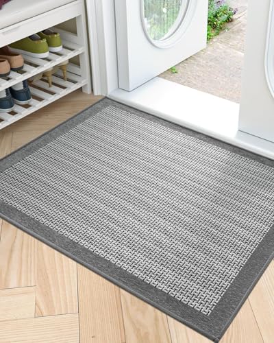 LUMI Premium Silk Blend Door Mat Indoor Entrance, Long-lasting Rubber Backing Doormat, Non Slip Absorbent Low-Profile Rugs for Entryway, Captures Dirt Patio Entrance Mat, 19.5''x31.5'', Grey
