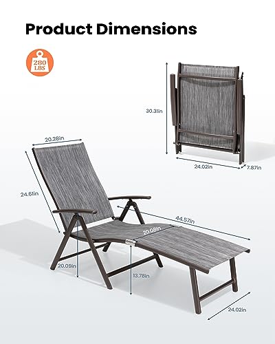 Pellebant Outdoor Chaise Lounge Set of 2, Aluminum Pool Lounge Chairs with Adjustable Backrest & Footrest, Foldable Pool Loungers for Beach, Poolside, Deck, Patio, Outdoor(2pcs, Light Grey)