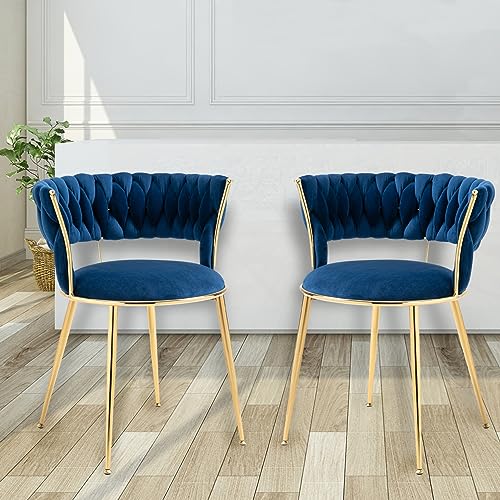 Dining Chair Set of 2, Velvet Woven Upholstered Dining Chair with Gold Metal Legs, Dining Chairs Kitchen Chairs for Dining Room, Kitchen, Vanity, Living Room, Teal