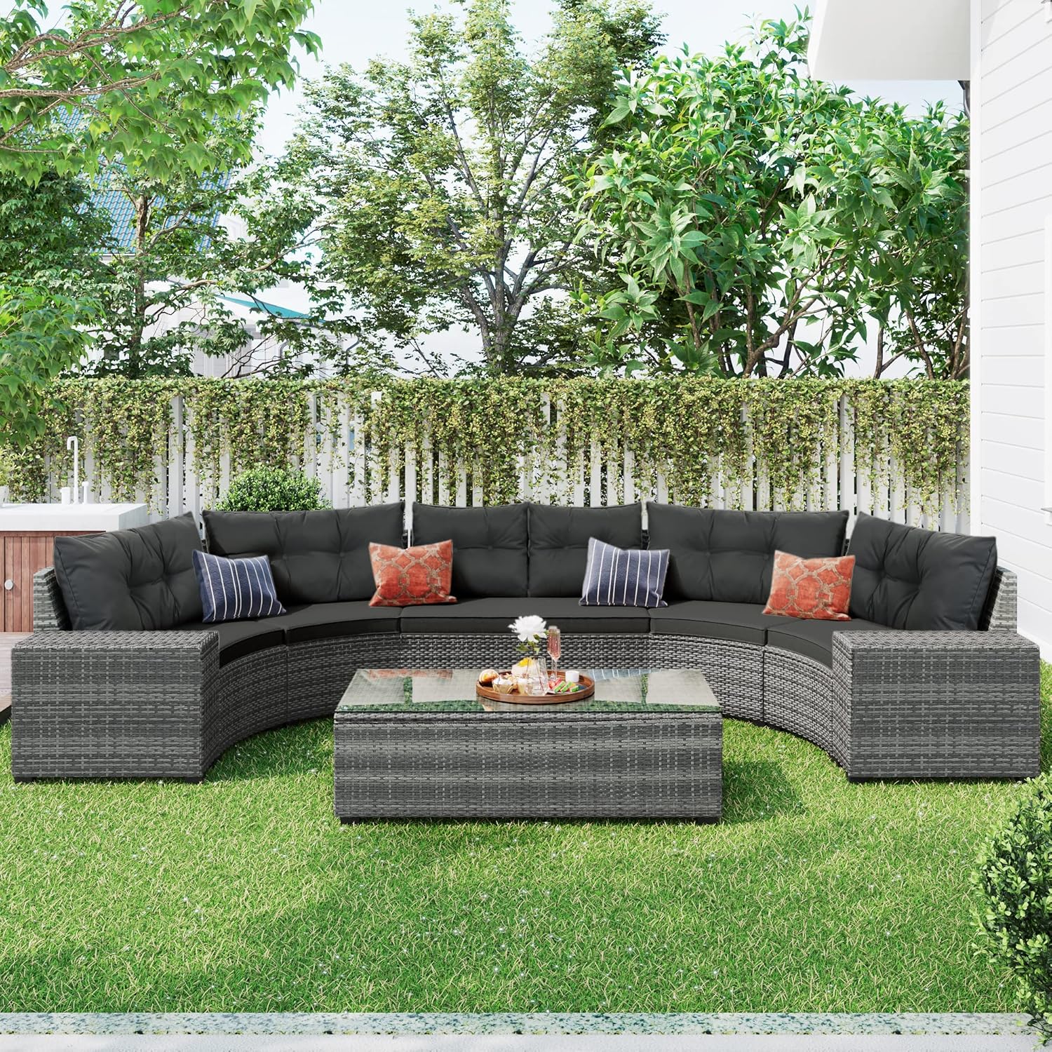Outdoor Patio Furniture 8-Piece Half-Moon All Weather Wicker Curved Sectional Sofa Conversation Set with Rectangular Coffee Side Tables, Removable Cushions, Gray