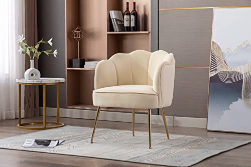 Warmiehomy Accent Barrel Chair, Modern Velvet Upholstered Armchair, Arm Chairs for Living Room Bedroom Small Space with Golden Metal Legs(Ivory,Velvet)