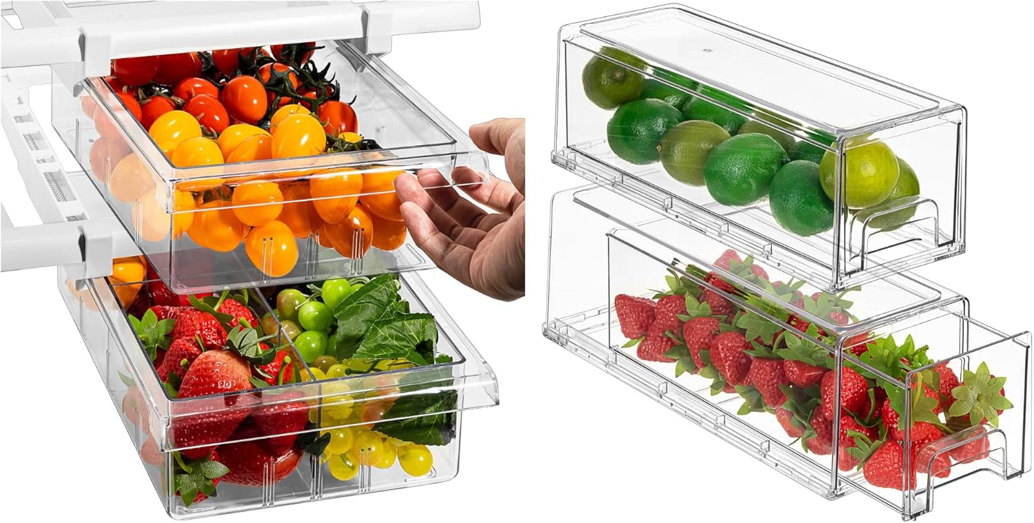 Sorbus Kitchen Organization Bundle - Includes 2 Pull Out Fridge Drawers & 2 Small Pull Out Stackable Fridge Bins