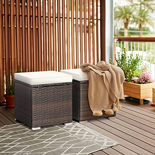 RELAX4LIFE 2-Pieces Outside Rattan Ottomans - Patio Wicker Footstools with Storage Space, Removable Cushions, Multifunctional Hand-Woven Outdoor Side Tables, Additional Seats and Footrest (Beige)