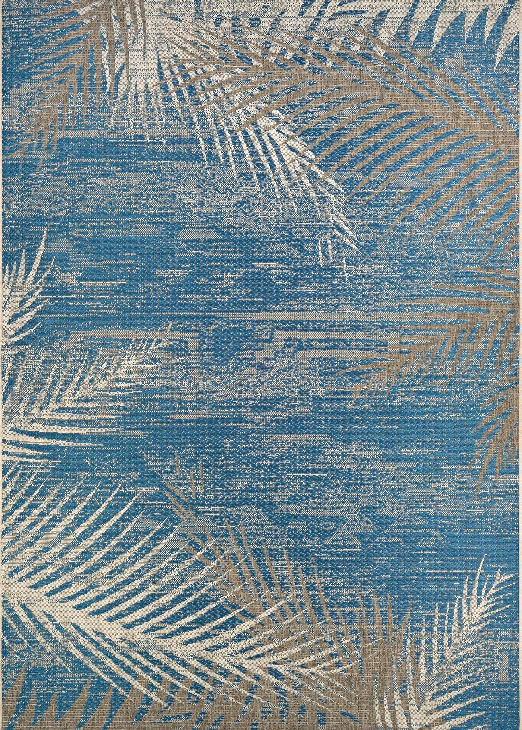 Couristan 5.25' x 7.5' Blue and Beige Tropical Palms Rectangular Outdoor Area Throw Rug