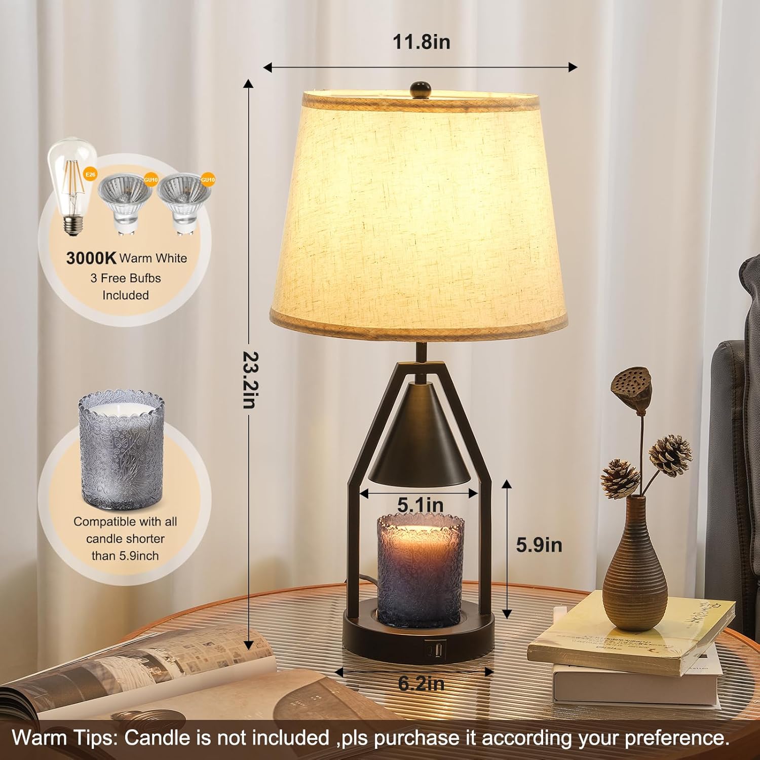 Farmhouse Lamps Set of 2 with Candle Warmer Lamp Featuring Timer for Large Jar Candles,Rustic Table Lamps for Living Room End Tables,Black Wax Melting Lamp for Bedroom Nightstand with USB&Type-C Ports