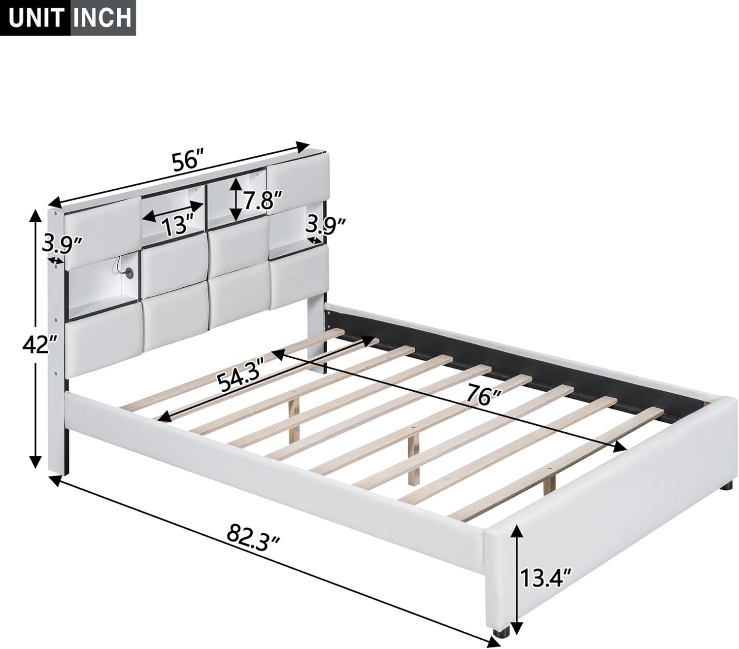 Full Size Bed Frame with Storage Headboard, Upholstered Platform Bed with USB Port & LED Lights, No Box Spring, Beige