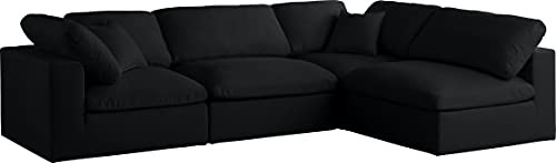 Meridian Furniture Plush Collection Contemporary Down Filled Comfort Overstuffed Velvet Upholstered Modular L-Shaped Sectional, 4-Seater, Black