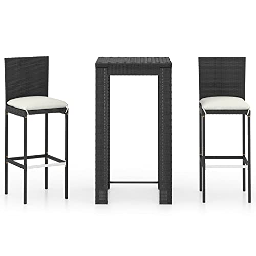 3 Piece Patio Bar Set with Cushions Poly Rattan Black,Versatile and Durable 4Person Square Garden Bar Set with WeatherResistant Rattan Stools for Outdoor Entertaining