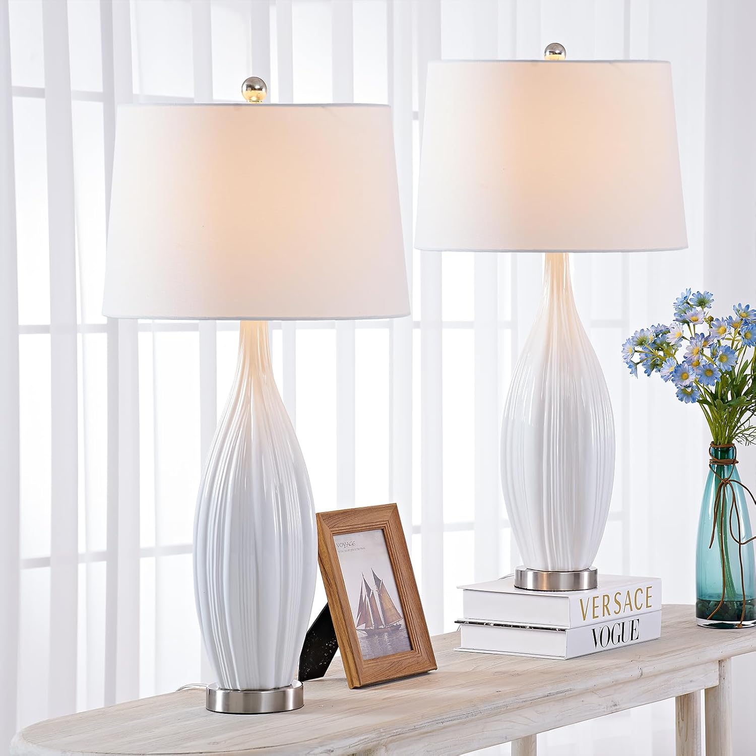 Maxax 31'' Tall Ceramic Table Lamps Set of 2, Large White Bedside Nightstand Lamps with White Shade Rustic End Table Lamps for Living Room Bedroom Office