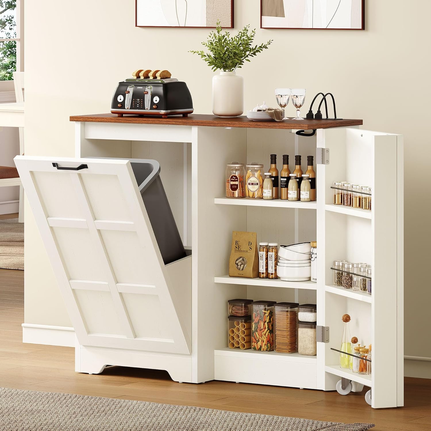 DWVO Tilt Out Trash Cabinet, 13 Gallon Cabinet Trash Can with Outlet/Adjustable Shelves, Hidden Pull Out Trash Bin Cabinet, Kitchen Island with Trash Can Storage, White Oak