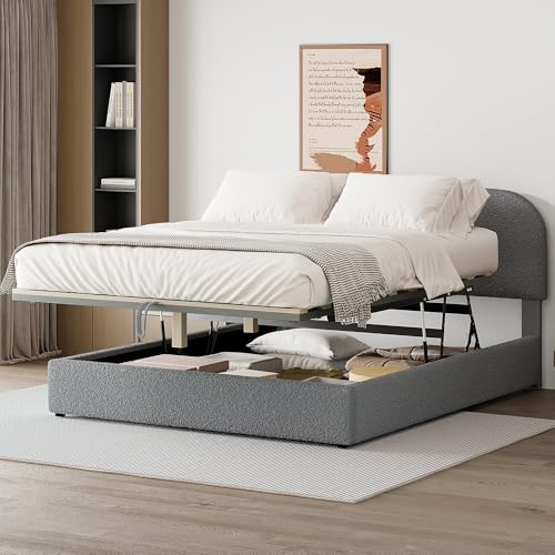Modern Full Size Upholstered Platform Bed with Trundle and 2 Drawers, Berber Fleece Platform Bed Frames with Multi-functional Headboard for Bedroom Hotel Apartment (White-RHF)