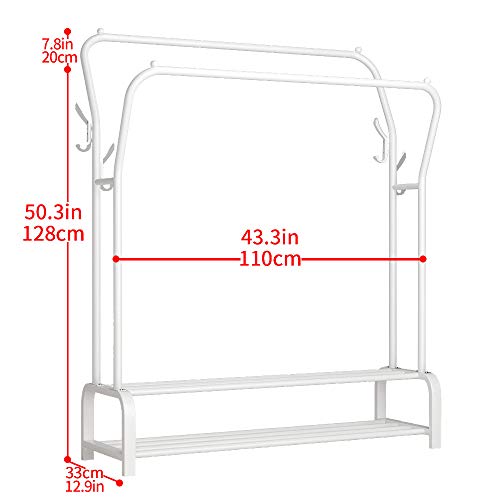UDEAR Garment Rack Freestanding Hanger Double Rods Multi-functional Bedroom Clothing Rack, Double layer ，4 Hooks，White