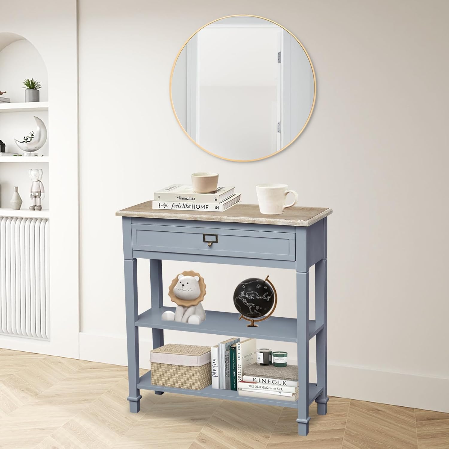 kinbor Console Table with Storage Drawer and Shelf 3-Tier Wood Classic Sofa Table for Entryway Living Room Hallway, Grey