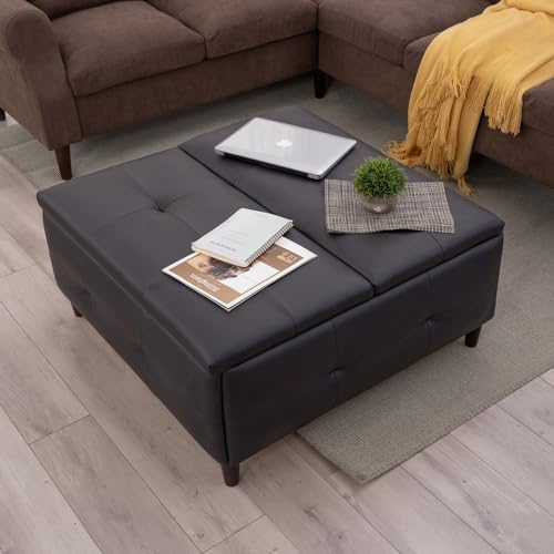 Panana Large Storage Ottoman Coffee Table with Lift Top, Square Ottoman with Storage,Upholstered Ottoman Coffee Tables for Living Room (Linen Fabric, Grey - Square Storage Ottoman Table)