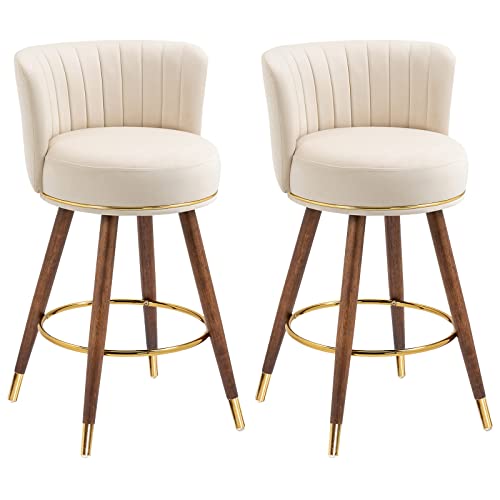 Bar Stools, 27 Inch Swivel Bar Stools, Rustic Counter Stools with Back, Comfy Velvet Upholstered Bar Chairs, Set of 2, Pink