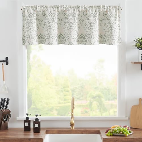 jinchan Blackout Valance Floral Curtain for Kitchen Living Room Room Darkening Vintage Country Farmhouse Valance Damask Medallion Printed Window Treatment Rod Pocket 1 Panel 16 Inch Blue