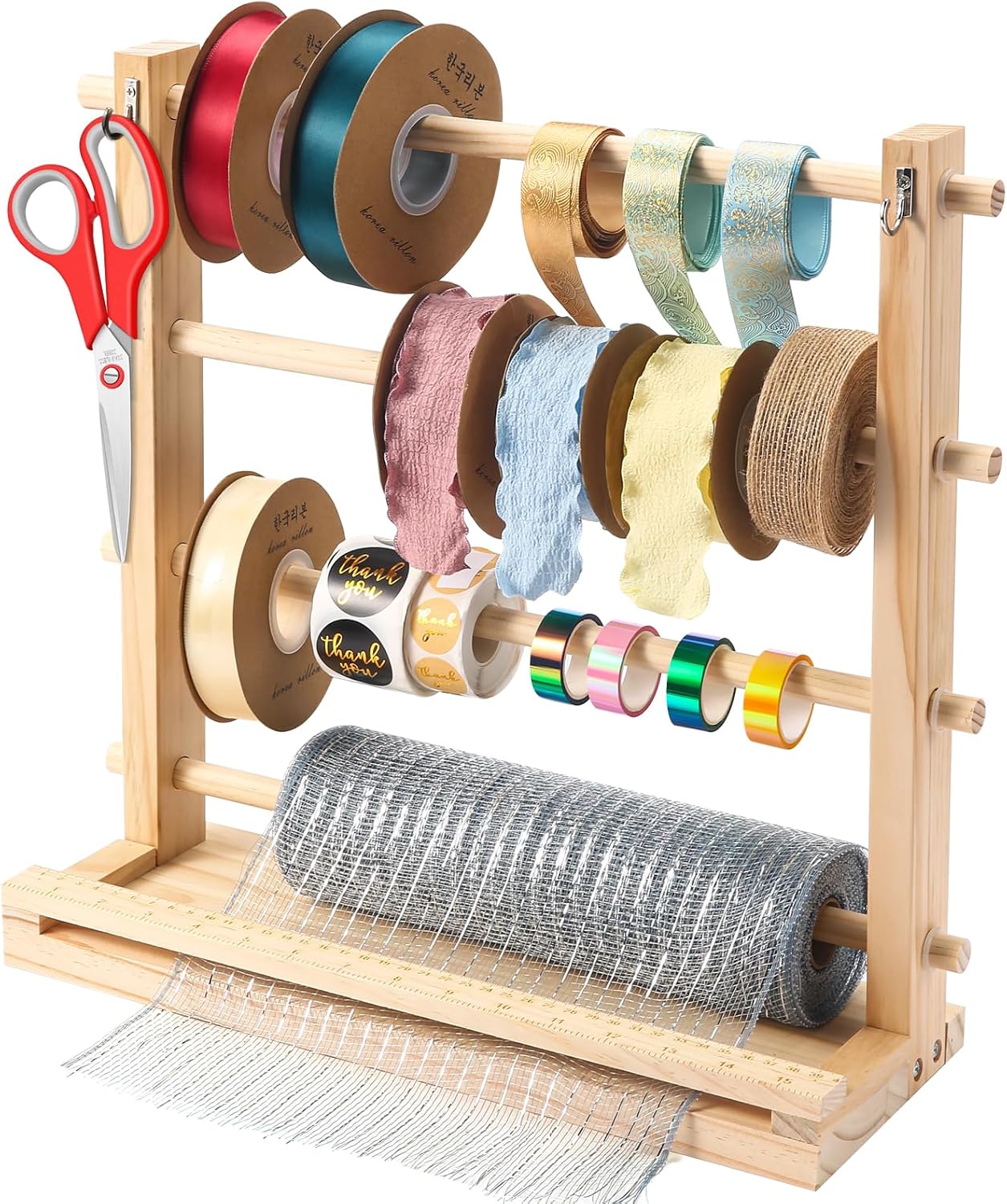 Aulin Ribbon Storage Organizer Rack - Wooden Ribbon Spool Holder for Craft Mesh Ribbon Wreath Bow Washi Tape Arts & Crafts Supplies, Ribbon Rack for Craft Room, Florist Arts Wrapping Craft Gift