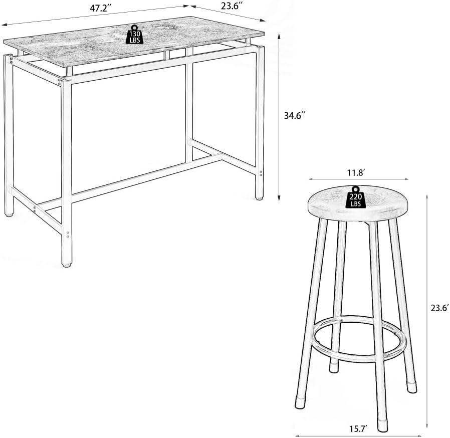 Bar Table and 4 Chairs Set Industrial Counter Height Pub Table with Bar 5 Pieces Dining Set Home Kitchen Breakfast, PU Upholstered Stools with Backrest, Rustic Brown