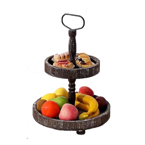 Farmhouse Wooden 2 Tiered Tray, Round Decorative Serving Tier Tray with Metal Handle for Home Party Seasonal Decorations (White)