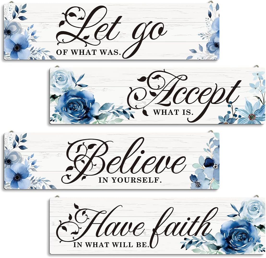 Inspirational Decor Sets, 4 Pieces Hanging Wall Plaques, Decorative Wooden Wall Sign, Motivational Wall Decor for Office Living Room Bedroom, Let Go - Accept - Believe - Have Faith Sign
