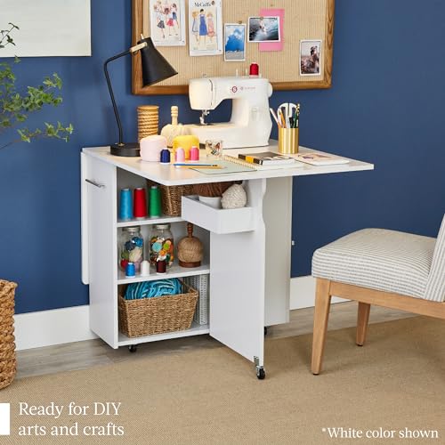 Best Choice Products Folding Dining Table, Multipurpose Space Saving Collapsible Drop Leaf Extension Desk w/Wheels, 3 Storage Shelves - Oak/White