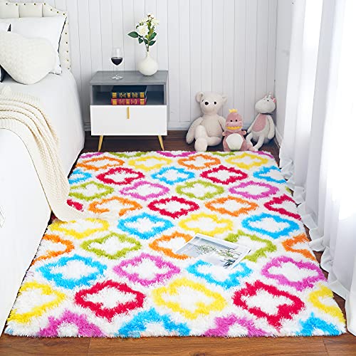 Tepook Fluffy Colorful Rug for Kids, Shaggy Soft Rainbow Area Rugs for Girls Bedroom, Indoor Modern Geometric Moroccan Rugs Plush Girls Kids Rug for Playroom Teens Room Nursery Home Decor, 4 X 6 ft