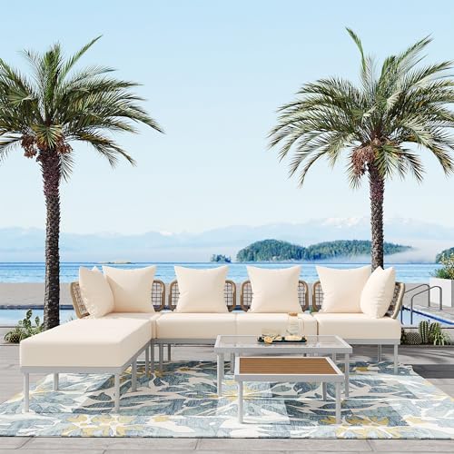 7-Piece Outdoor Weather Wicker, Patio Dining Furniture Set with 6 Stackable Textilene Chairs Table for Yard,Garden,Porch and Poolside, Extra Large, 2-Black