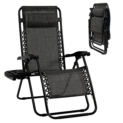 Goplus Zero Gravity Chair, Adjustable Folding Reclining Lounge Chair with Pillow and Cup Holder, Patio Lawn Recliner for Outdoor Indoor Pool Camp Yard (Set of 2, Green)