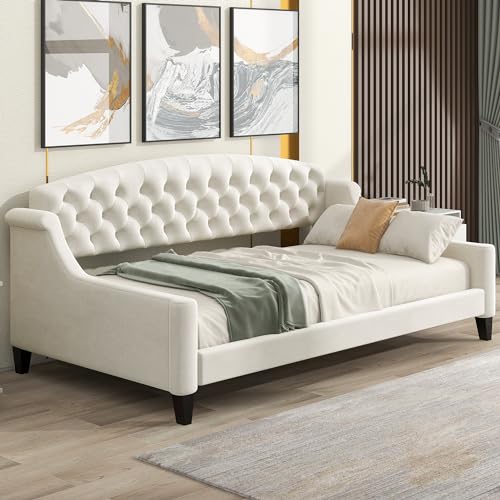 LZ LEISURE ZONE Full Size Daybed, Modern Luxury Tufted Button Upholstered Full Daybed Sofa Bed for Bedroom Living Room, Daybed Frame Full Size, Beige