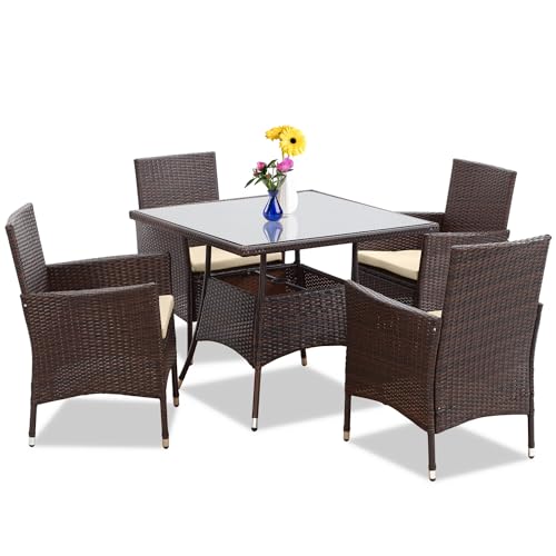 Solaste 5 Piece Patio Dining Sets, Patio Table and Chairs for 4 with Cushions, Wicker Outdoor Dining Set w/Square Tempered Glass Tabletop with Umbrella Hole, for Backyard, Balcony, Porch, Brown