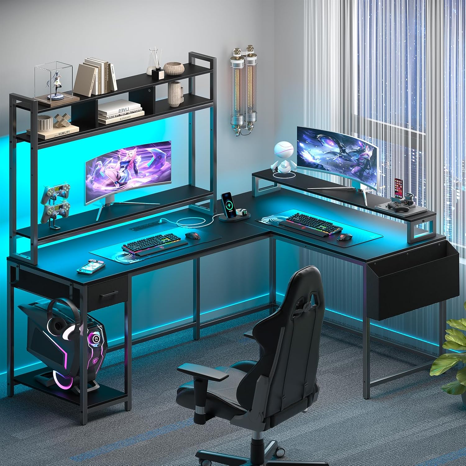 L Shaped Gaming Computer Desk with Monitor Shelf, Reversible Gaming Desk with Power Outlets & LED Lights,Extra Large Long Office Desk, Corner Desk for Home Office