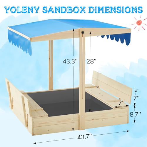 YOLENY Kids Wooden Outdoor Sandbox with UV50 Sun/Sand Protection Liner Function Canopy, 2 Foldable Bench Seats, Height Adjustable Roof, Protection Liner, for Backyard, Beach, Lawn, 13.3 Sq.