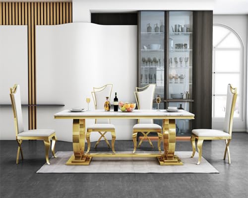 Luxury Marble Dining Table for 6-8, Modern Rectangle Dining Room Table with Faux Marble Top & Silver U-Shaped Stainless Steel Base, 70