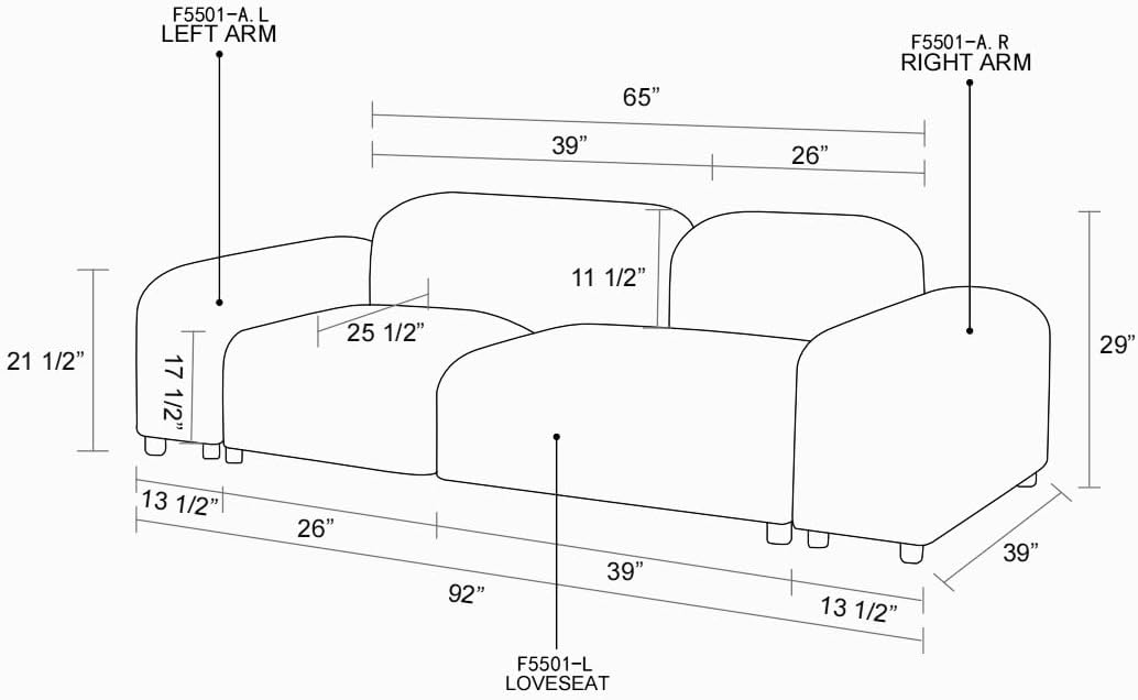 Modular Sofa Sets for Living Room 2-Seater Upholstered Microfiber Sectional Cloud Couches with Loveseat and Wide Arm for Apartment Bedroom Office, 65